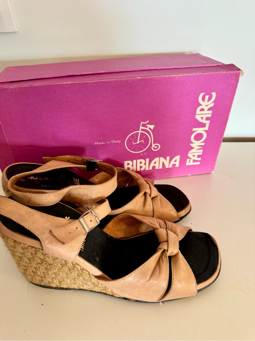 Vintage Famolare Tan Espadrille Wedge Sandals leather made in Spain